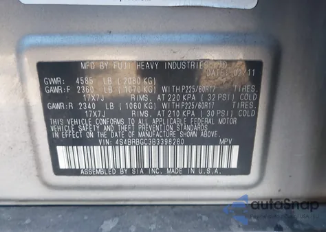 2011 Subaru Outback 2.5I Premium from USA, damaged, VIN 4S4BRBGC3B3398280